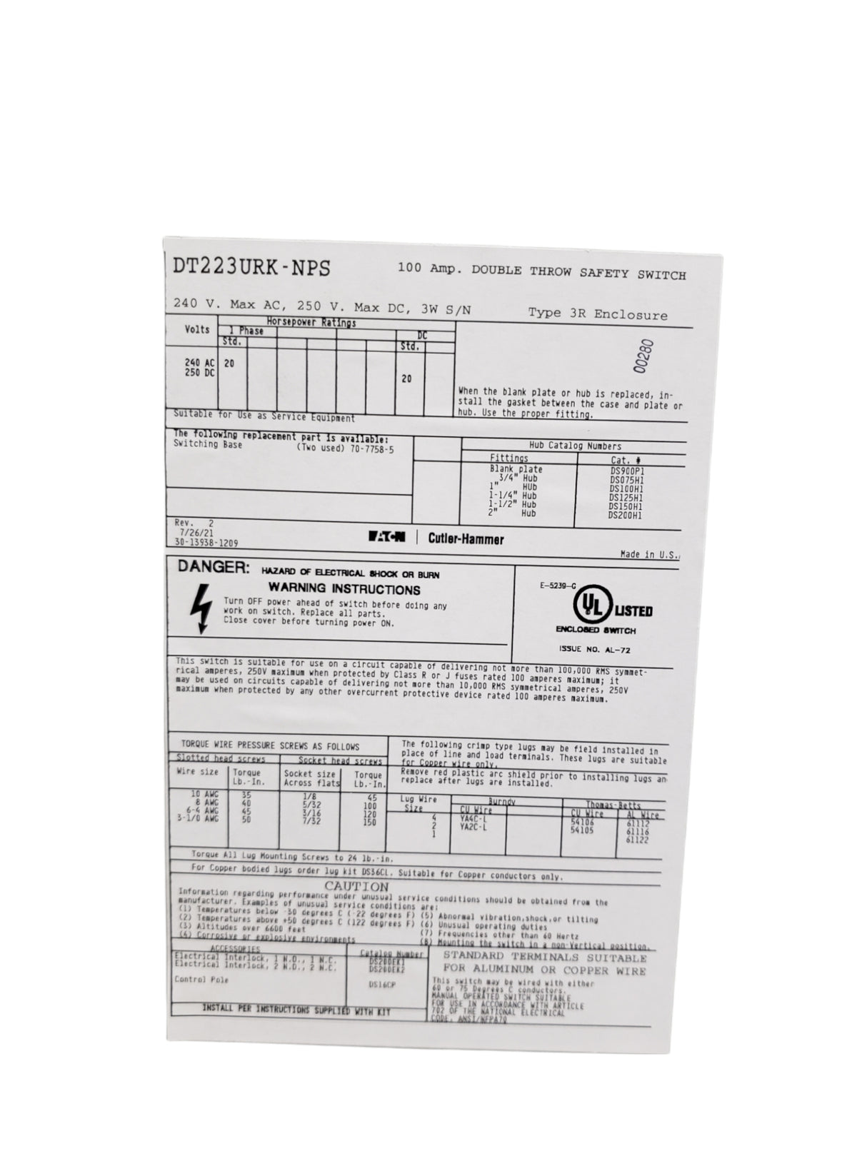 EATON - CUTLER HAMMER, DT223URK-NPS - 100A/2P GD Double Throw NF Switch W/Neut 240V N3R - FreemanLiquidators - [product_description]