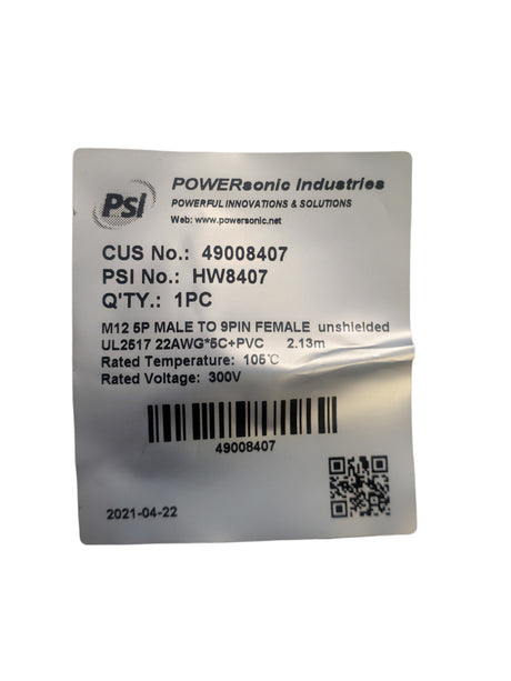 Powersonic Industries, 49008407, HW8407, M12 5P Male to 9PIN Female, Unshielded, UL2517 22AWG*5C+PVC - NEW IN ORIGINAL PACKAGING - FreemanLiquidators - [product_description]