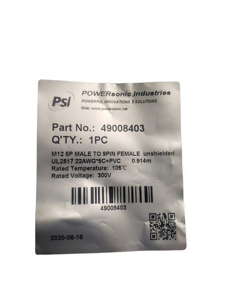 Powersonic 49008403 M12 5P Male to 9PIN Female Unshielded, US2517 22AWG*5C+PVC - NEW IN ORIGINAL PACKAGING - FreemanLiquidators - [product_description]