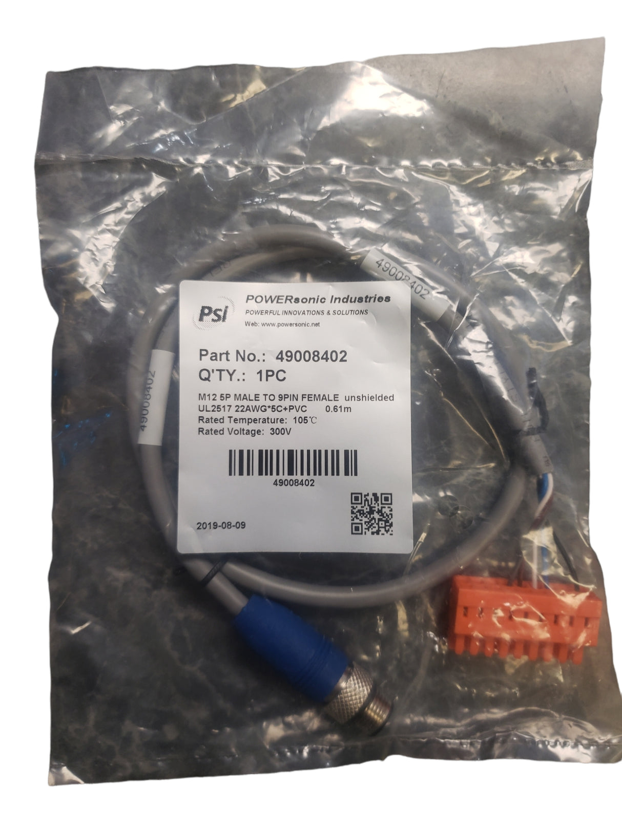 Powersonic 49008402 M12 5P Male to 9PIN Female Unshielded, US2517 22AWG*5C+PVC - NEW IN ORIGINAL PACKAGING - FreemanLiquidators - [product_description]