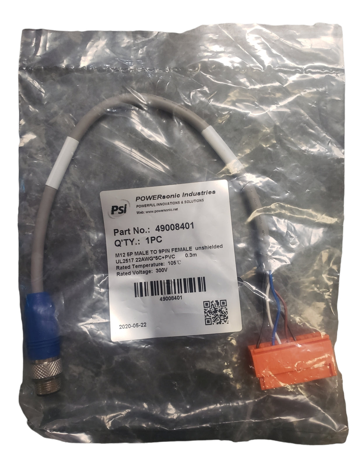 Powersonic 49008401 M12 5P Male to 9PIN Female Unshielded, US2517 22AWG*5C+PVC - NEW IN ORIGINAL PACKAGING - FreemanLiquidators - [product_description]