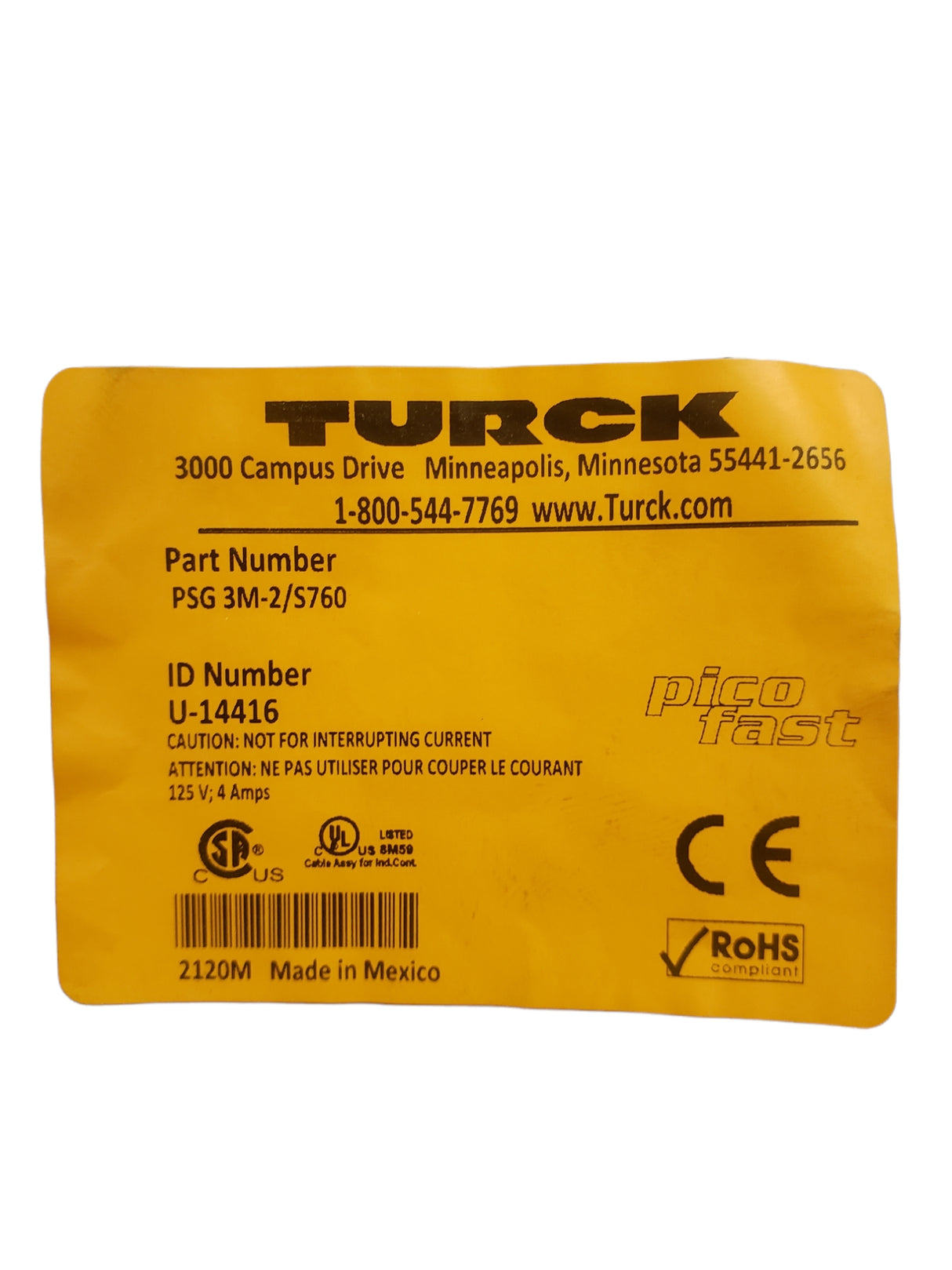 TURCK M8 Single Ended Cordset 3 Wire, 2 Meter, Straight Male Flexible (PSG 3M-2/S760) - NEW IN ORIGINAL PACKAGING - FreemanLiquidators - [product_description]