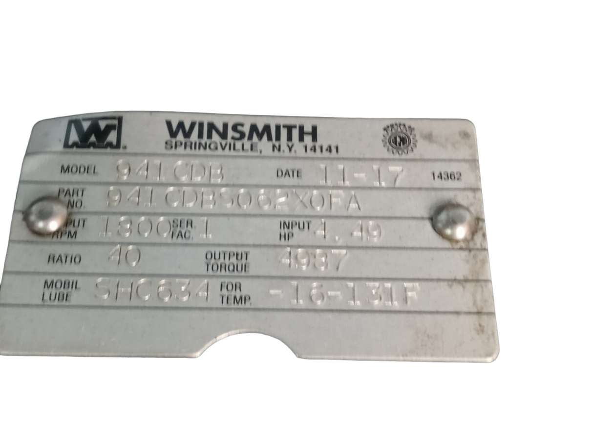 WINSMITH D-9 SERIES GEAR REDUCER, 941CDBS062XOFA, 40:1 RATIO, 4.49 HP, 1750 RPM - FreemanLiquidators - [product_description]