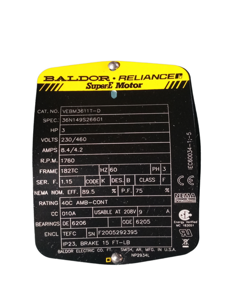 BALDOR, VEBM3611T-D, 3HP, 1800RPM, 3PH, 182TC, TEFC, 208-230/460V, MOTOR - FreemanLiquidators - [product_description]