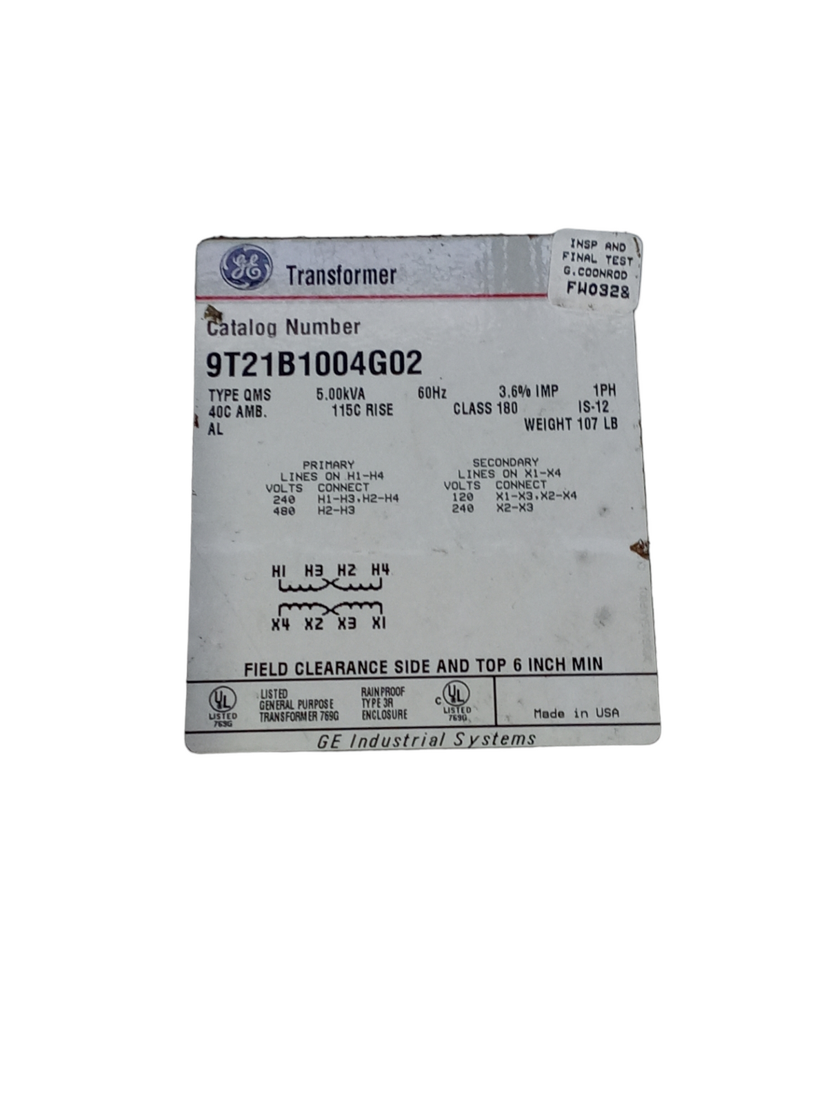 GE, 9T21B1004G02, Transformer, 5000VA, 240/480VAC, Primary, 120/240VAC, 1Phase, Secondary, Enclosed - FreemanLiquidators - [product_description]