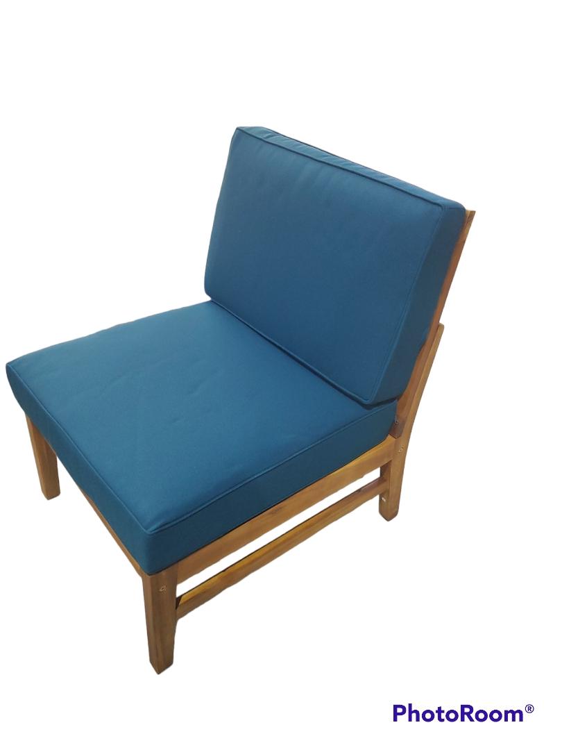 Armless Teak chair with blue cushions 58941 STORE PICKUP ONLY - FreemanLiquidators - [product_description]