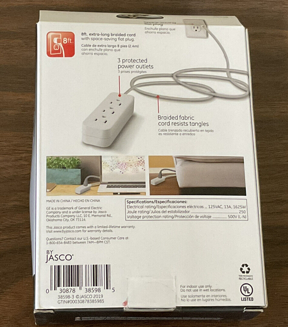 GE Pro Extension Cord with Surge Protection 8 ft braided cord 3 outlets - FreemanLiquidators - [product_description]