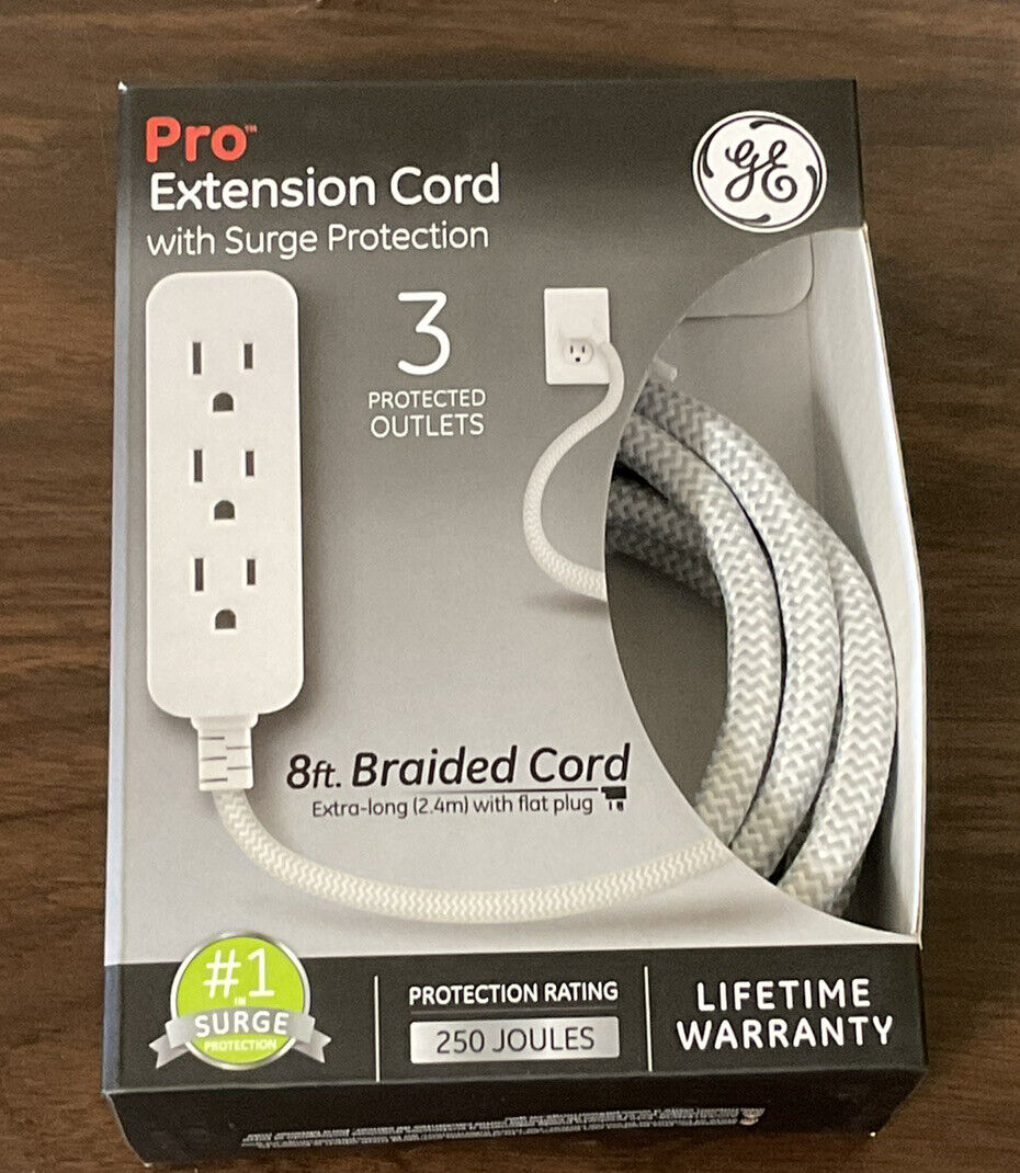 GE Pro Extension Cord with Surge Protection 8 ft braided cord 3 outlets - FreemanLiquidators - [product_description]